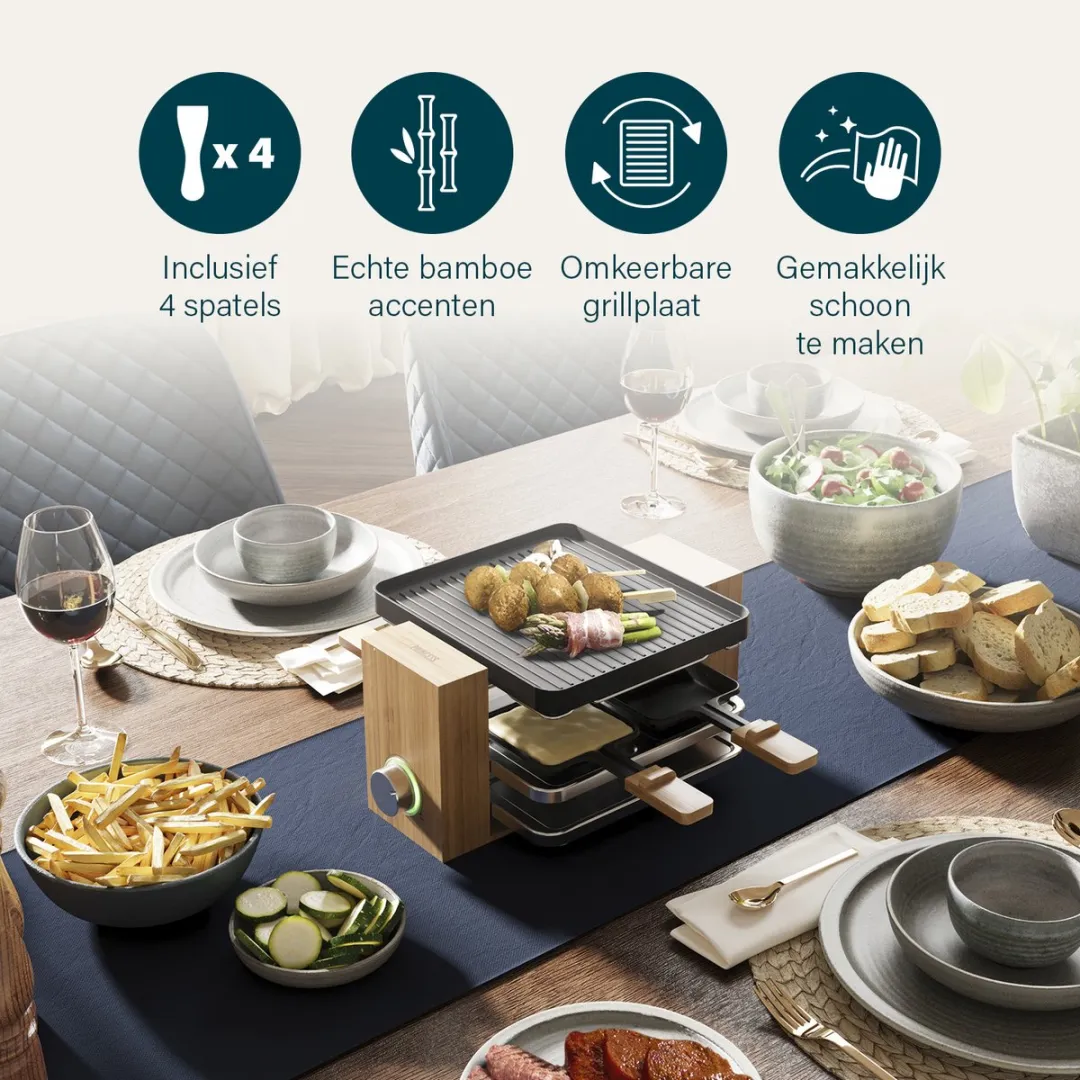 Princess Gourmetstel Raclette Pure 4 personen - 800W - Bamboe