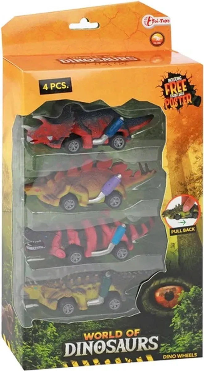 Toi-Toys World of Dinosaurs Dino Pullback Auto - 4 Stuks
