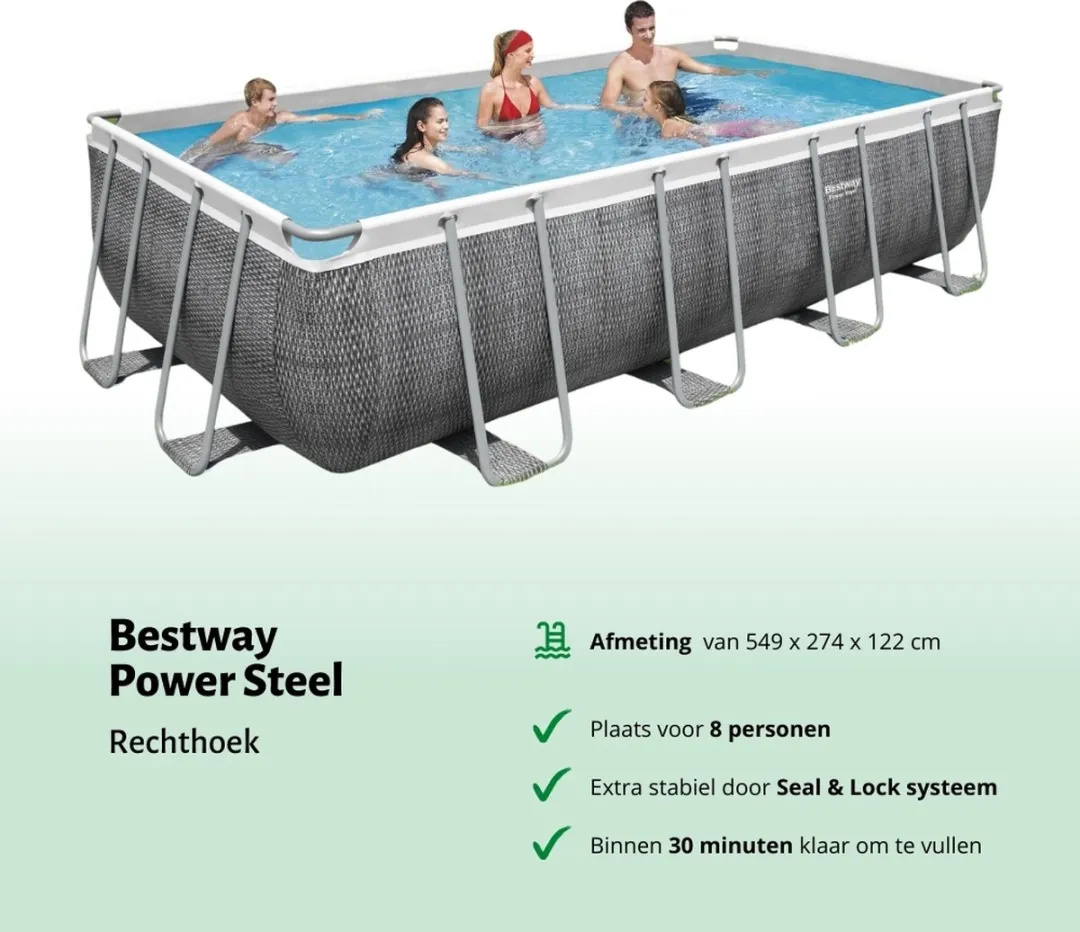 Bestway Rechthoekig Power Steel Zwembad - Rattanprint - 549 x 274 x 122 - Inclusief Pomp - Ladder - Afdekzeil Onderhoudspakket - Filter - Vloertegels