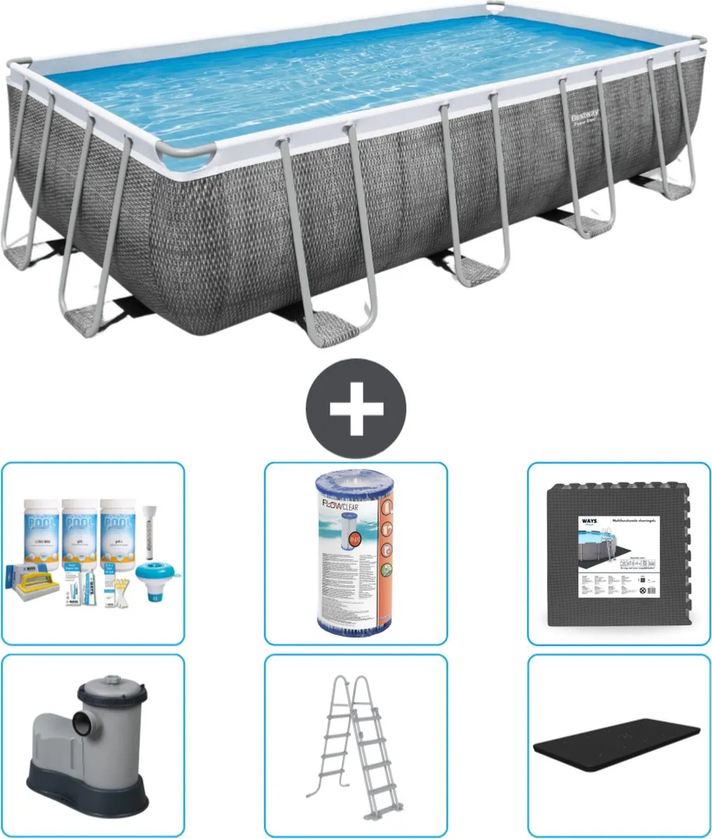 Bestway Rechthoekig Power Steel Zwembad - Rattanprint - 549 x 274 x 122 - Inclusief Pomp - Ladder - Afdekzeil Onderhoudspakket - Filter - Vloertegels