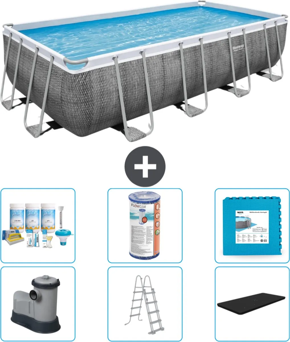 Bestway Rechthoekig Power Steel Zwembad - Rattanprint - 549 x 274 x 122 - Inclusief Pomp - Ladder - Afdekzeil Onderhoudspakket - Filter - Vloertegels