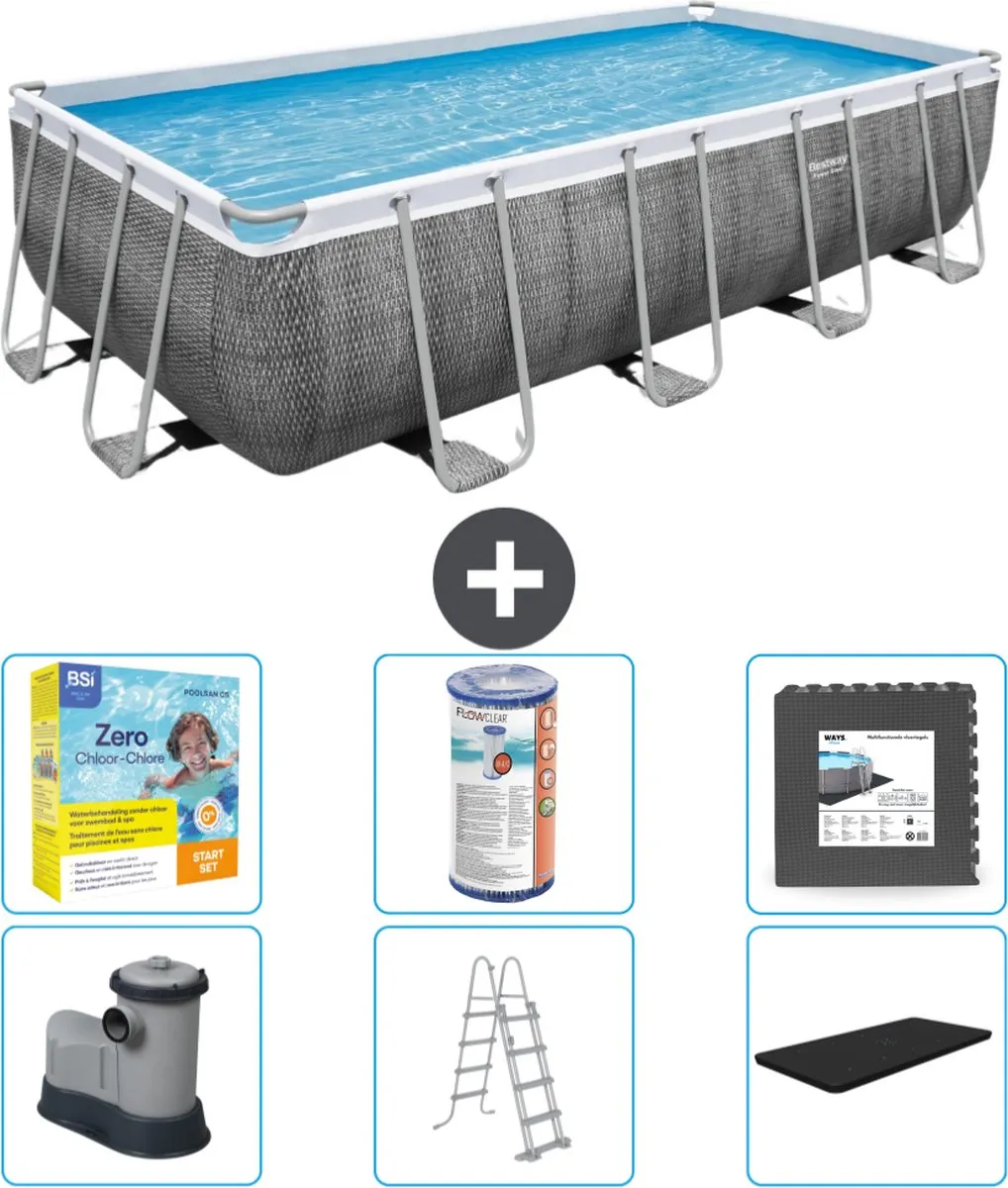 Bestway Rechthoekig Power Steel Zwembad - Rattanprint - 549 x 274 x 122 - Inclusief Pomp - Ladder - Afdekzeil Onderhoudspakket - Filter - Vloertegels