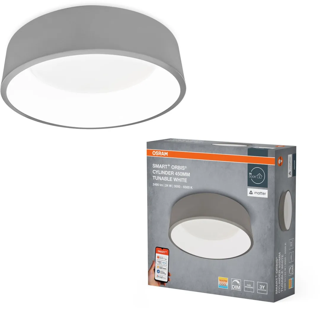 Osram SMART+ Matter Cylinder LED Plafondlamp 450mm - 24W - Grijs