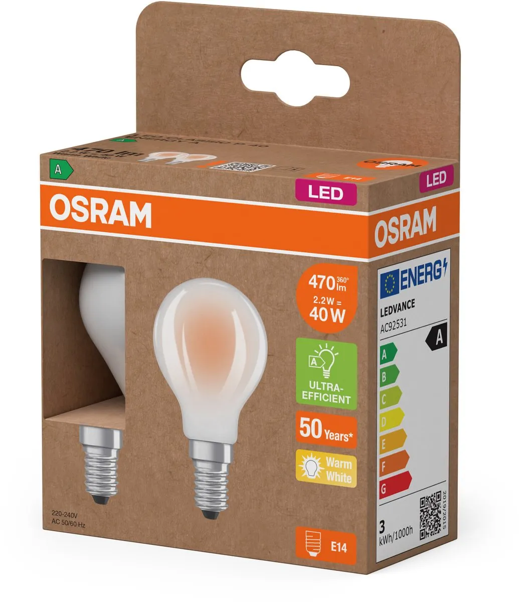 Osram LED Superstar Classic P40 E14 2,2W 470lm Warm Wit - 2 Stuks - afbeelding 6 van 6