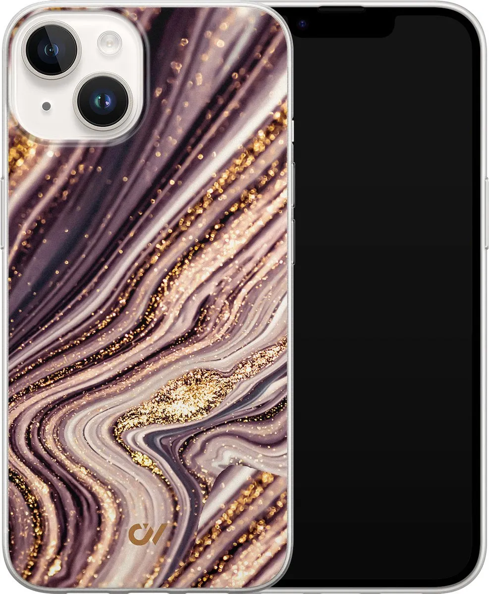 Casevibes iPhone 14 Hoesje A/14/UV/039 - Paars Golden Pink Marble
