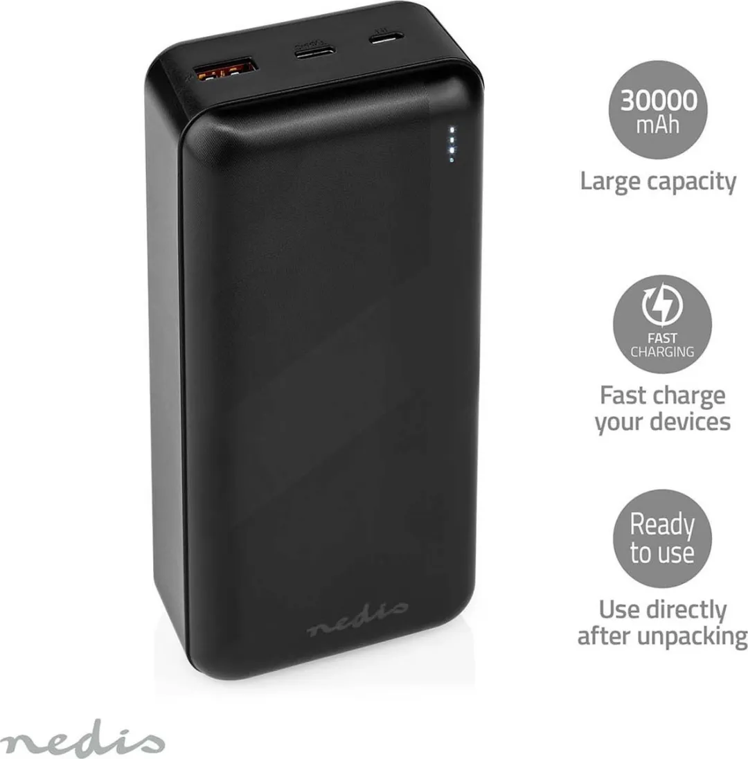 Nedis Powerbank UPBKPD30000BK 30.000mAh - 20W - USB-C/USB-A - Zwart