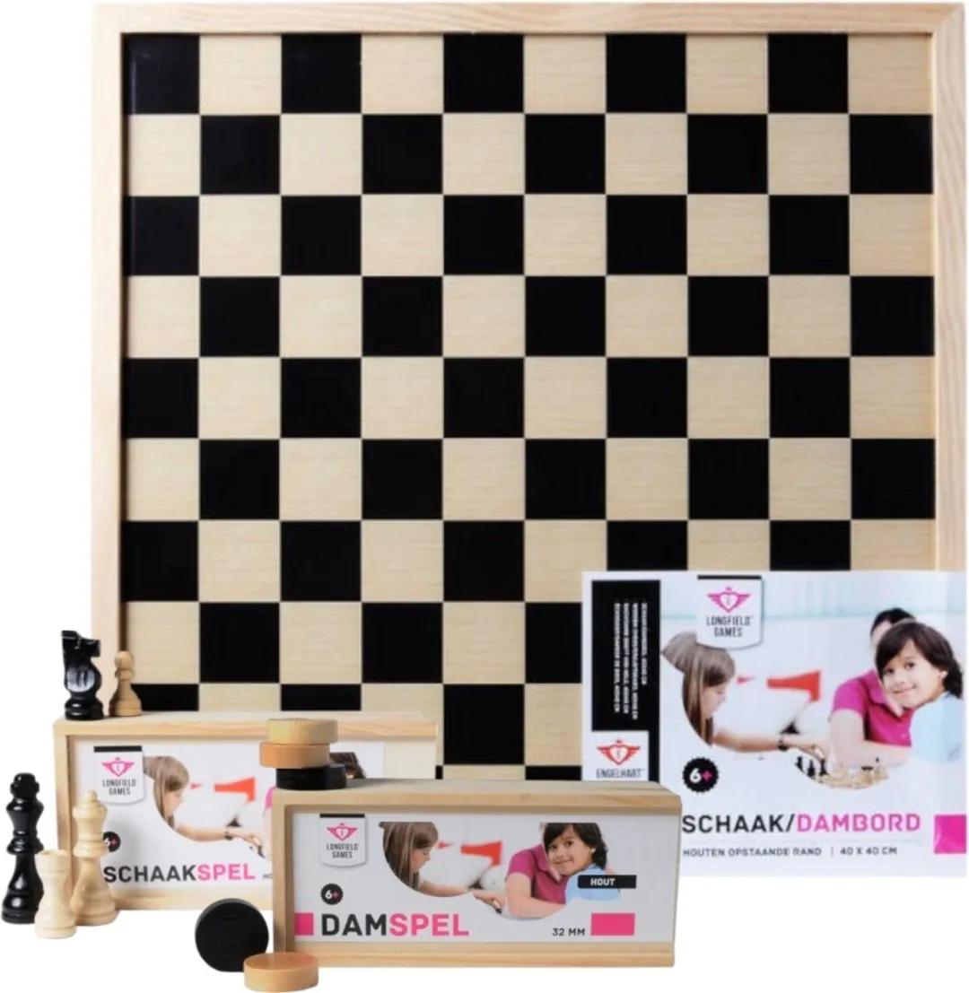 Houten dam- en schaakbord met schaakstukken en damstenen - compleet inclusief houten opberg kistjes