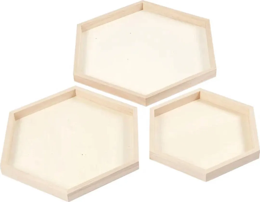 Creativ Company Houten Hexagon Dienbladen - 3 Stuks 21-31cm - Lichtbruin