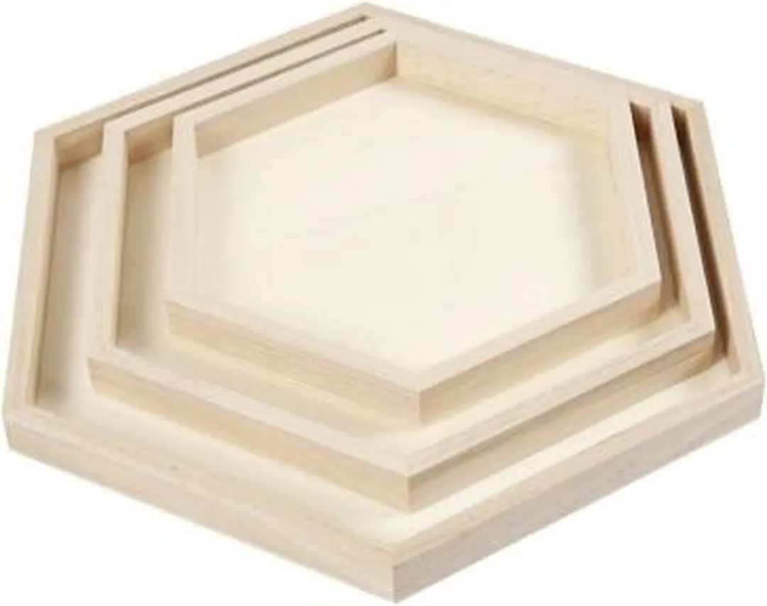 Creativ Company Houten Hexagon Dienbladen - 3 Stuks 21-31cm - Lichtbruin