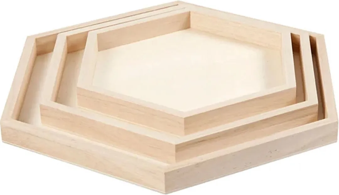Creativ Company Houten Hexagon Dienbladen - 3 Stuks 21-31cm - Lichtbruin