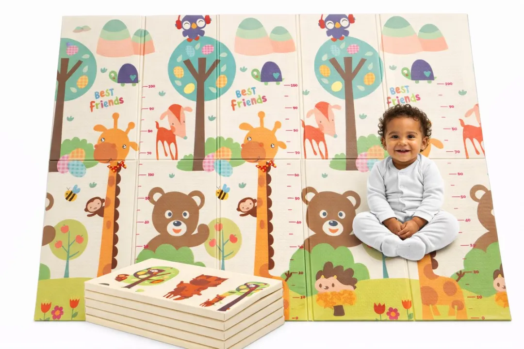 Speelmat Baby, Peuter & Kind 150x200 cm – Extra Dik Speelkleed – Voor Binnen & Buiten – Foam Kruipmat – Dubbelzijdig Opvouwbaar – Inclusief Opbergtas – Zacht & Veilig - Opvouwbare speelmat dierenwereld & giraffen