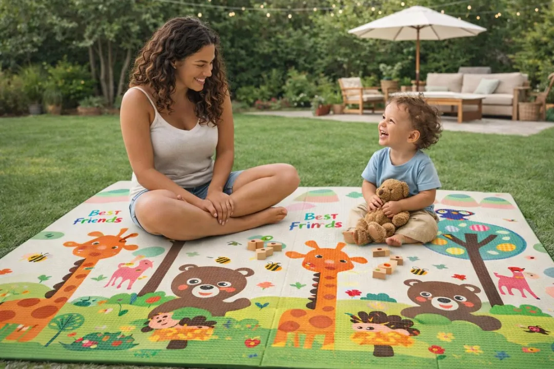 Speelmat Baby, Peuter & Kind 150x200 cm – Extra Dik Speelkleed – Voor Binnen & Buiten – Foam Kruipmat – Dubbelzijdig Opvouwbaar – Inclusief Opbergtas – Zacht & Veilig - Opvouwbare speelmat dierenwereld & giraffen