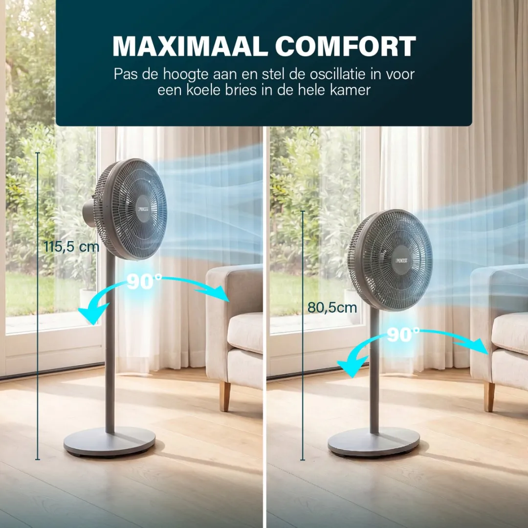 Princess DC Staande Ventilator – Extra Stil - ⌀44cm – 12 Snelheden – Oscillatie – Timer 1-8uur – Met Afstandsbediening – 30W – Grijs - 354822