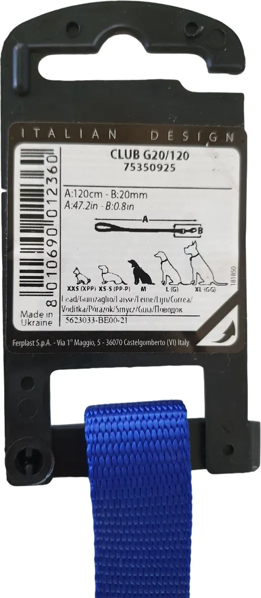 Ferplast - brede hondenriem - Club G Lijn Blauw - Afmeting - 120cm lang - 20mm breed - nylon