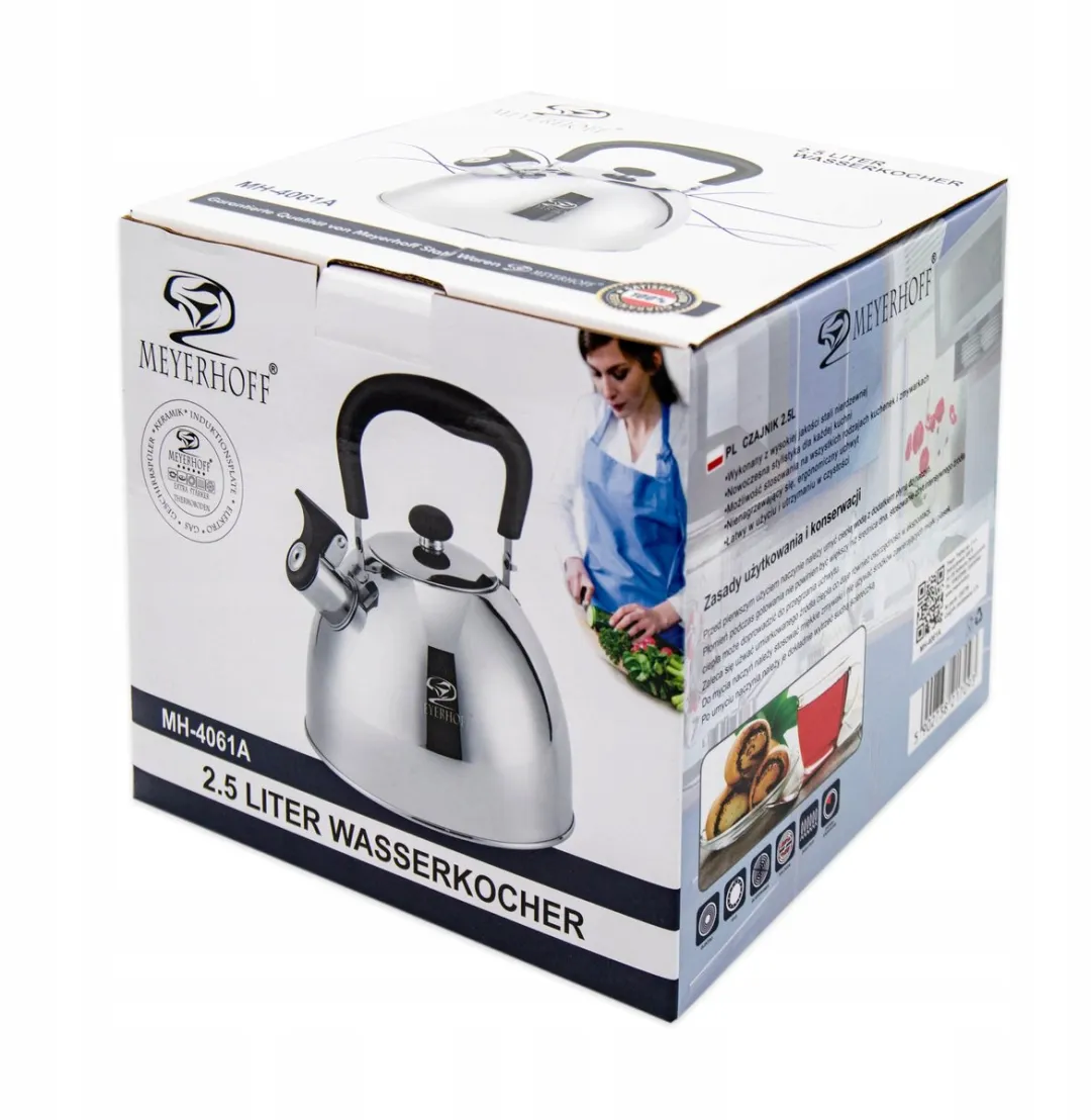 Meyerhoff RVS fluitketel 2,5 liter MH-4061A – Inductie fluitketel – Mat zilver – Opklapbaar handvat – Met fluit – Voor gas en inductie