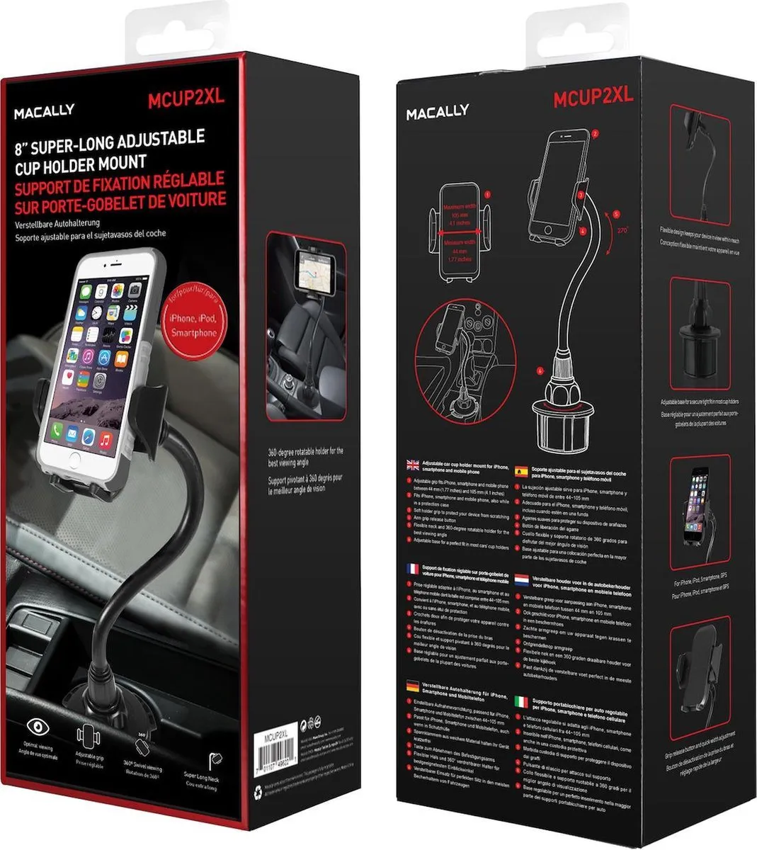 Macally MCUP2XL verstelbare telefoonhouder voor in de autobekerhouder - Met 20 cm lange flexibele hals