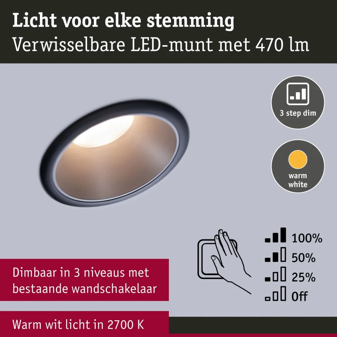 Paulmann LED-inbouwlamp Cole Coin 6W 470lm 2700K - IP44 88mm Zwart/Zilver