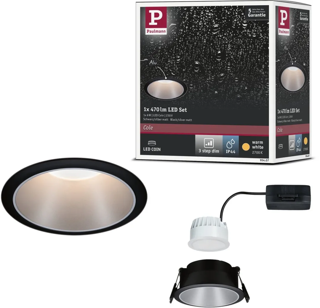 Paulmann LED-inbouwlamp Cole Coin 6W 470lm 2700K - IP44 88mm Zwart/Zilver