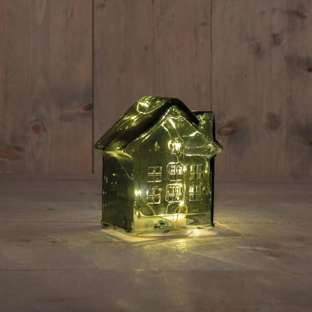 Anna's Collection LED Huisje Glas Groen 14cm - Multicolor