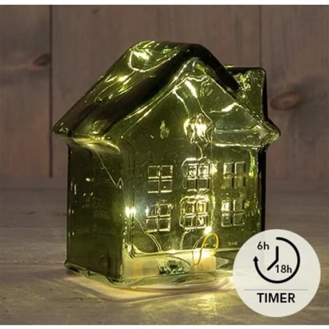 Anna's Collection LED Huisje Glas Groen 14cm - Multicolor