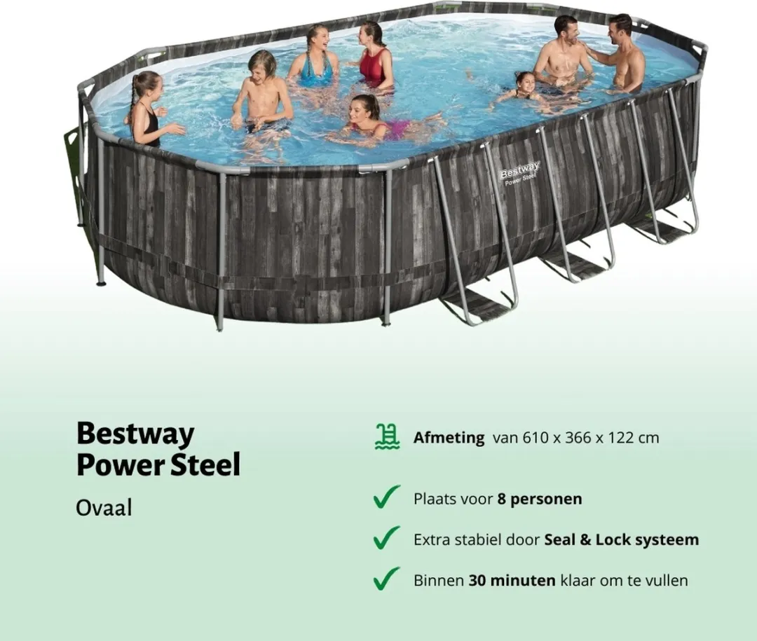 Bestway Power Steel Ovaal Zwembad 610x366x122cm - Grijs