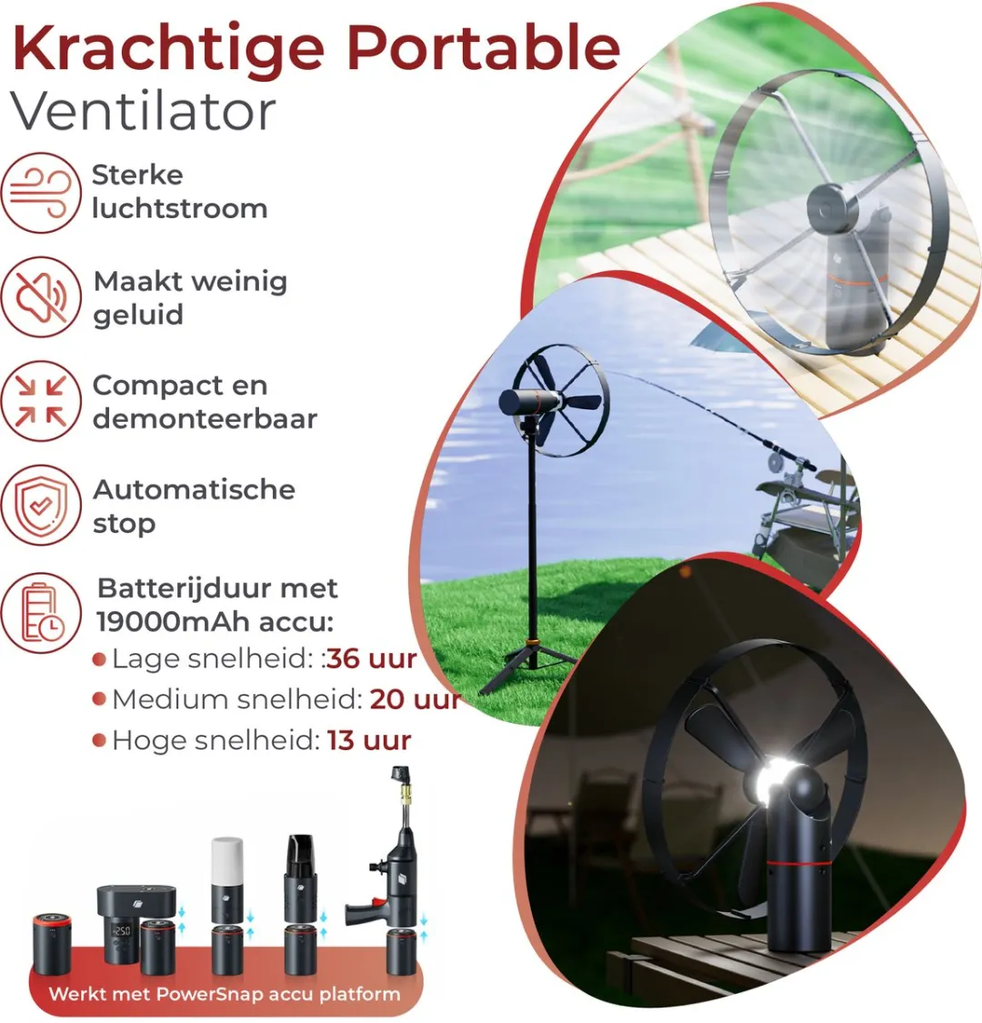 Caliber Draadloze ventilator - Kantelbaar en Draaibaar - Fluistertil en krachtig - 2 Standen - Inclusief LED Lamp - 15.000 mAh Accu meegeleverd (CPS-FAN-P)