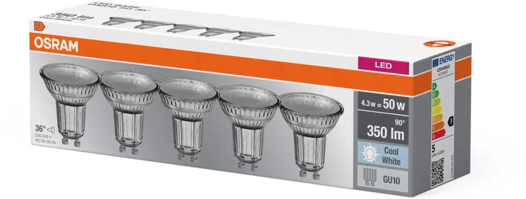 Osram LED Spotlamp PAR16 4,3W GU10 - 350lm Koelwit - 5 Stuks