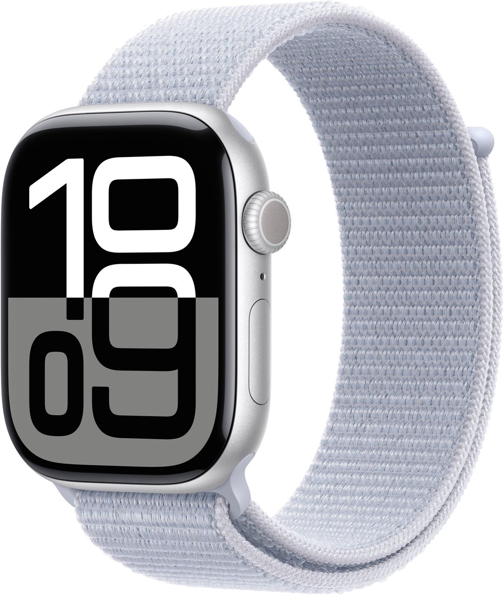 Apple Watch Series 10 - Wifi - 46mm - Zilveren Aluminium Case met Blauw Cloud Geweven Sportbandje