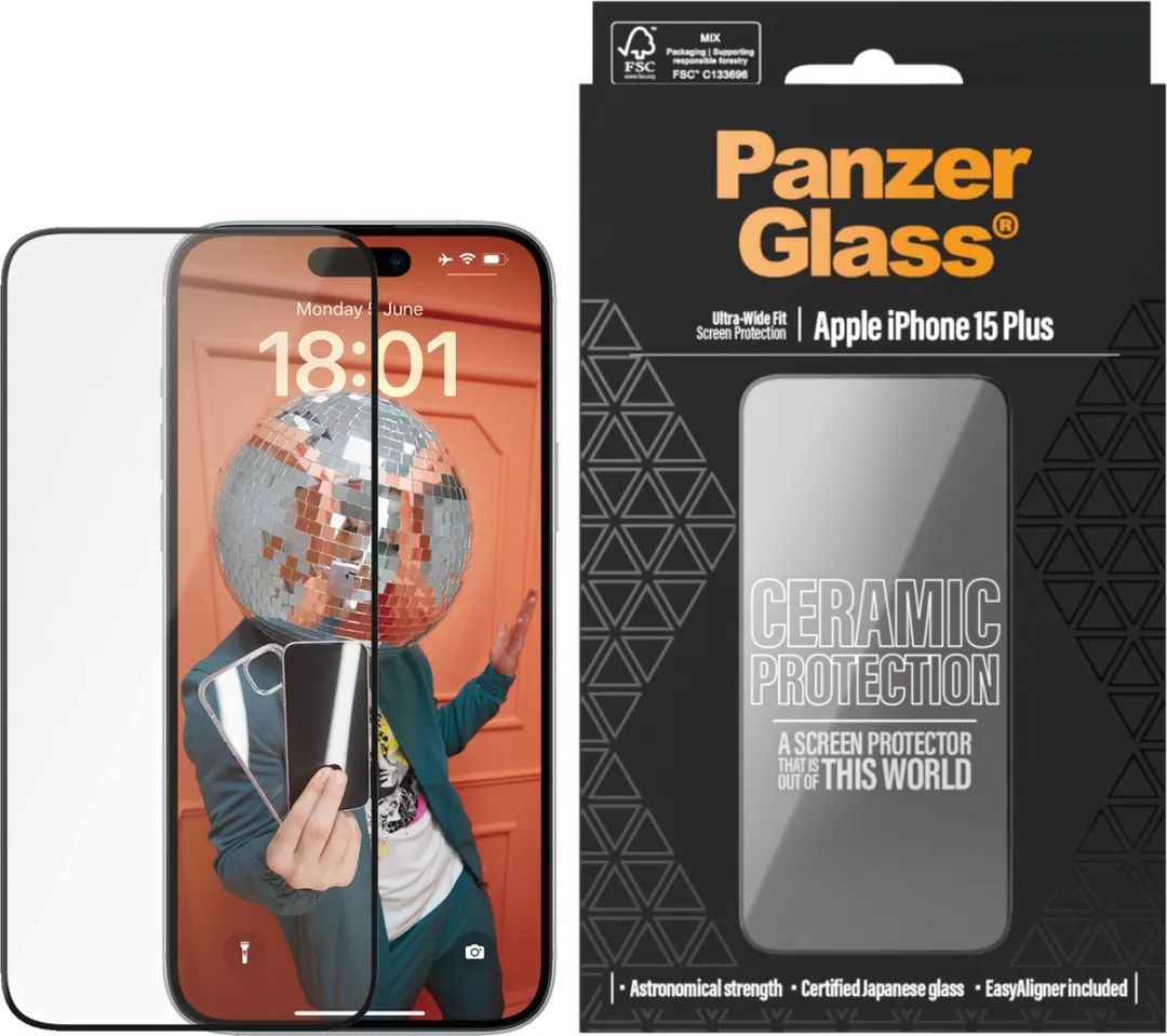 PanzerGlass, Schermbeschermer Geschikt voor Apple iPhone 15 Plus Ceramic Ultra-Wide Fit, Transparant