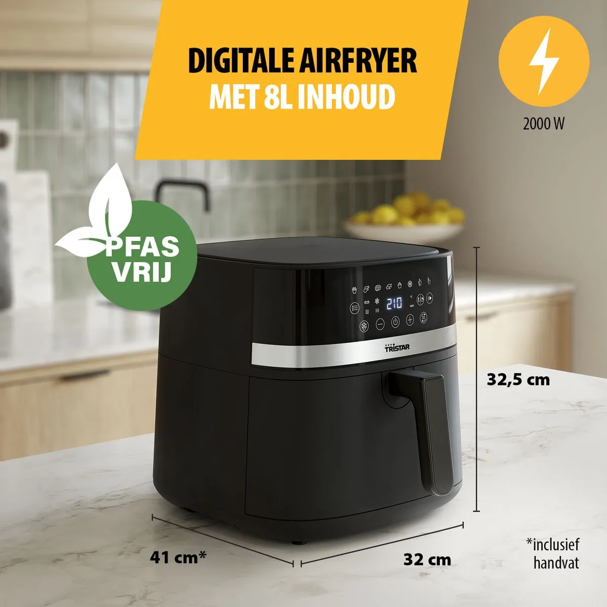 Tristar Airfryer FR-9418 - 8L - Grote Capaciteit XXL - PFAS Vrij - 7 programma's - Warmhoudfunctie - 2000 Watt
