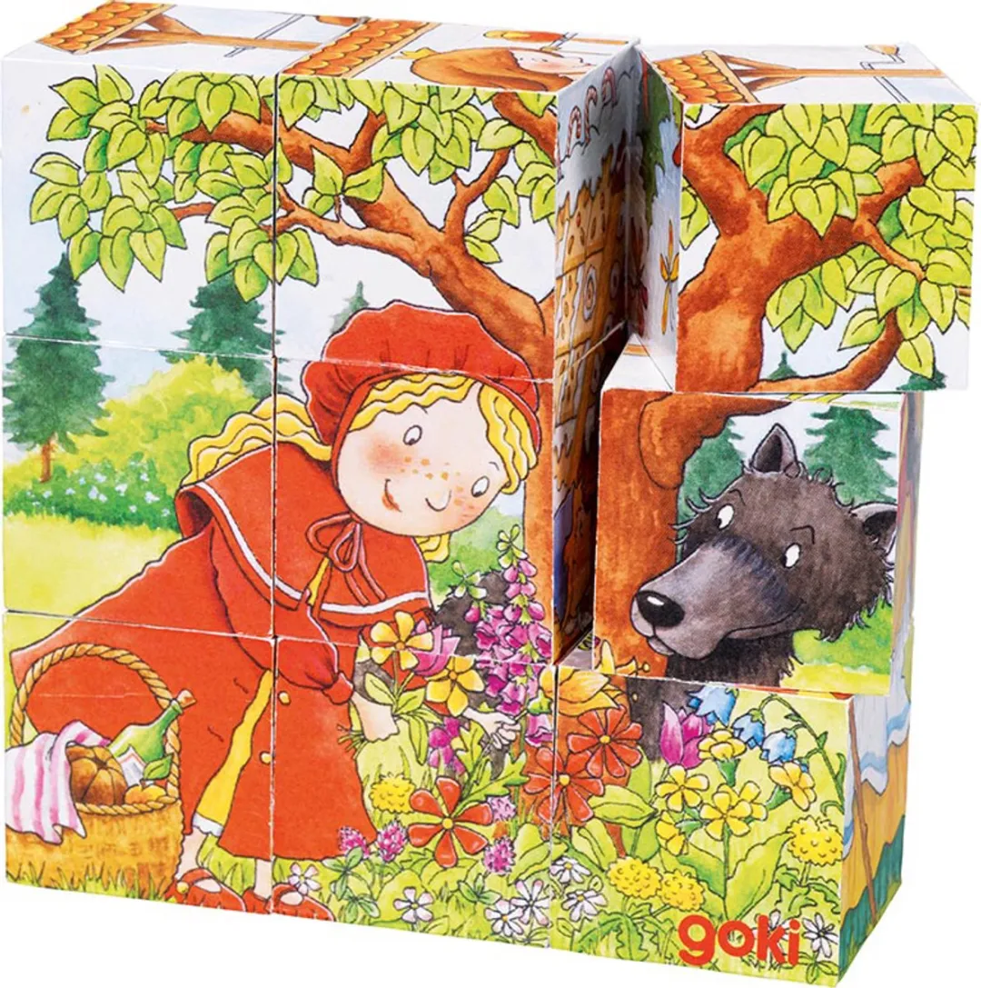 Goki Fairy Tale Cube Puzzle 9-delig - Rood/ Groen/ Bruin