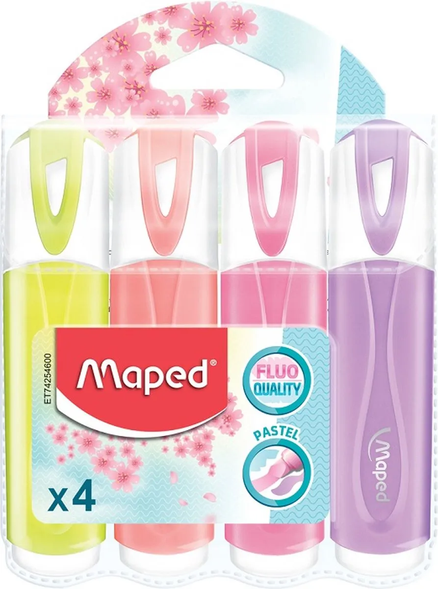 Maped Pastelkleurige Fluo Markers - 4 Stuks Assorti