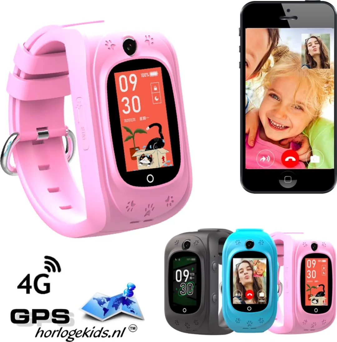 GPSHorlogeKids - GPS horloge kind - smartwatch kinderen - SMS - 4G videobellen - spatwaterdicht - SOS alarm - incl. SIM - TINY Roze