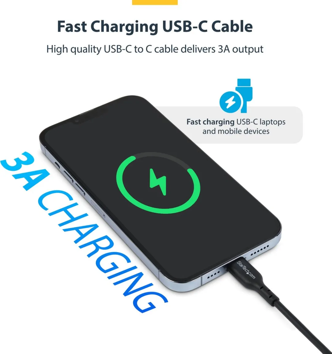 StarTech.com 3m USB-C Laadkabel, USB C Kabel, USB 2.0 Type-C Laptop Oplaadkabel, 60W 3A Power Delivery, TPE Mantel, USB-C Data Transfer Kabel, M/M