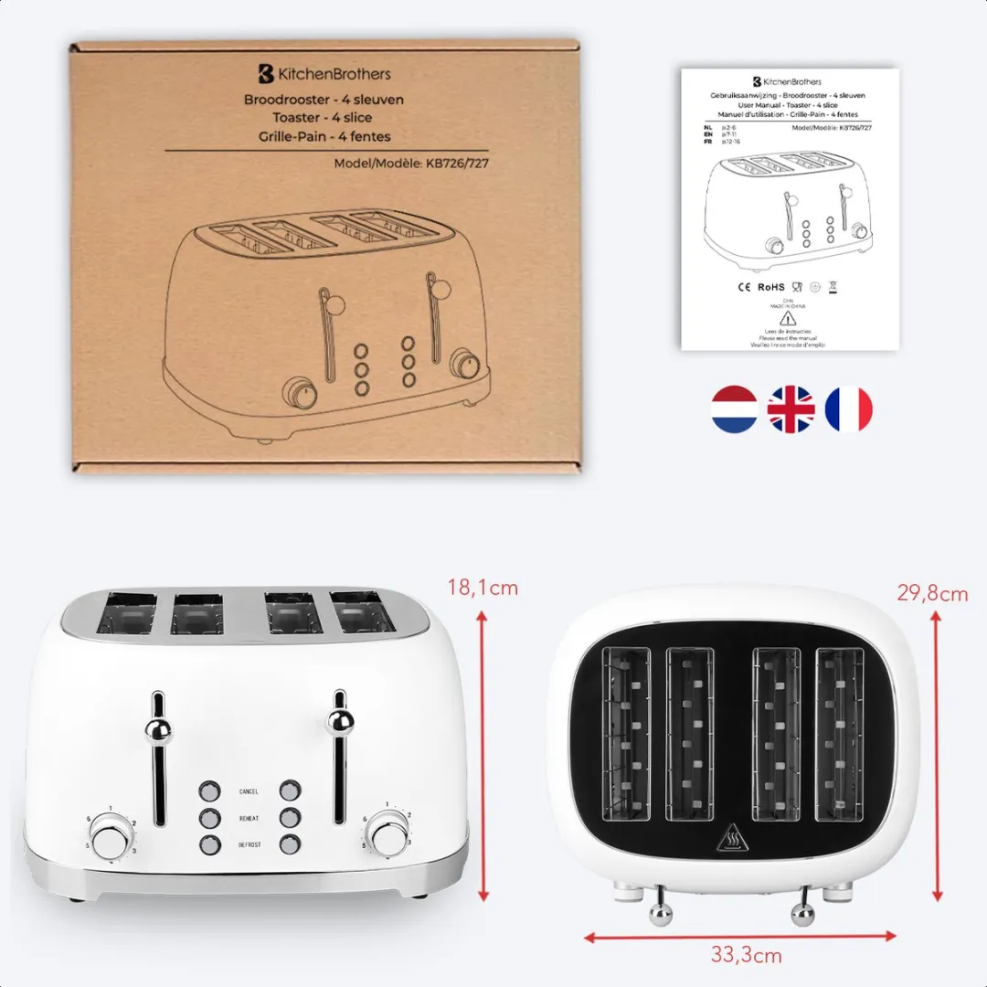 KitchenBrothers Retro Broodrooster KB743 - 4 Sneden - 1630W - Wit