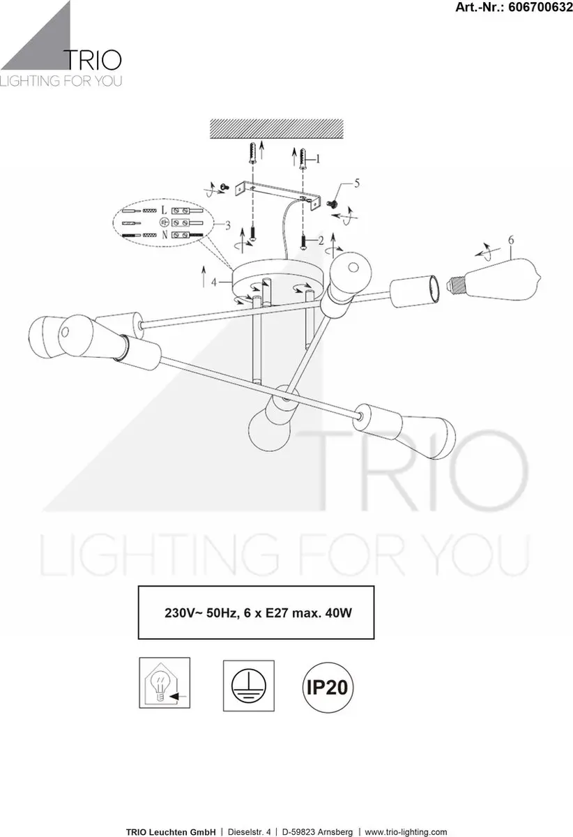 Trio Cross Plafondlamp 6-lichts - 606700632 - Zwart - afbeelding 5 van 6
