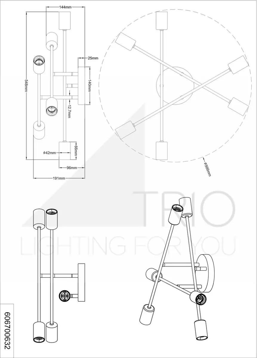 Trio Cross Plafondlamp 6-lichts - 606700632 - Zwart - afbeelding 3 van 6