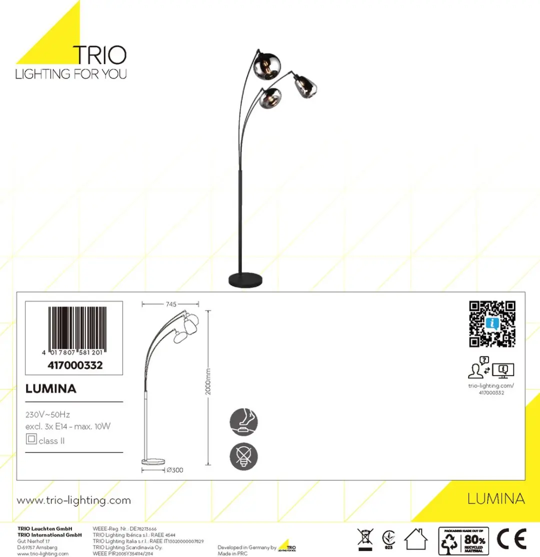 TRIO Lumina Vloerlamp 3x E14 - Zwart - afbeelding 4 van 6