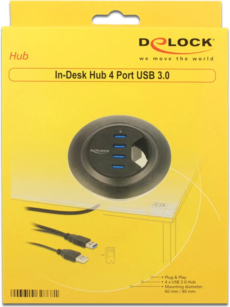 Delock 62868 In-Desk USB Hub 4x 5Gbps - Zwart