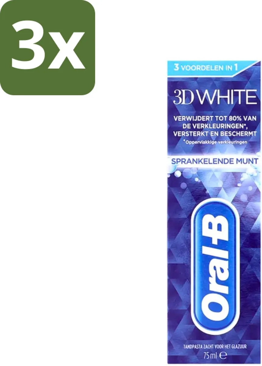 3 x Oral-B - 3D White - Tandpasta - Sprankelende Munt - 75 ml - Tandpasta Whitening - Stralend Wit Gebit - Frisse Adem - Fluoride - Tandbederf Bescherming
