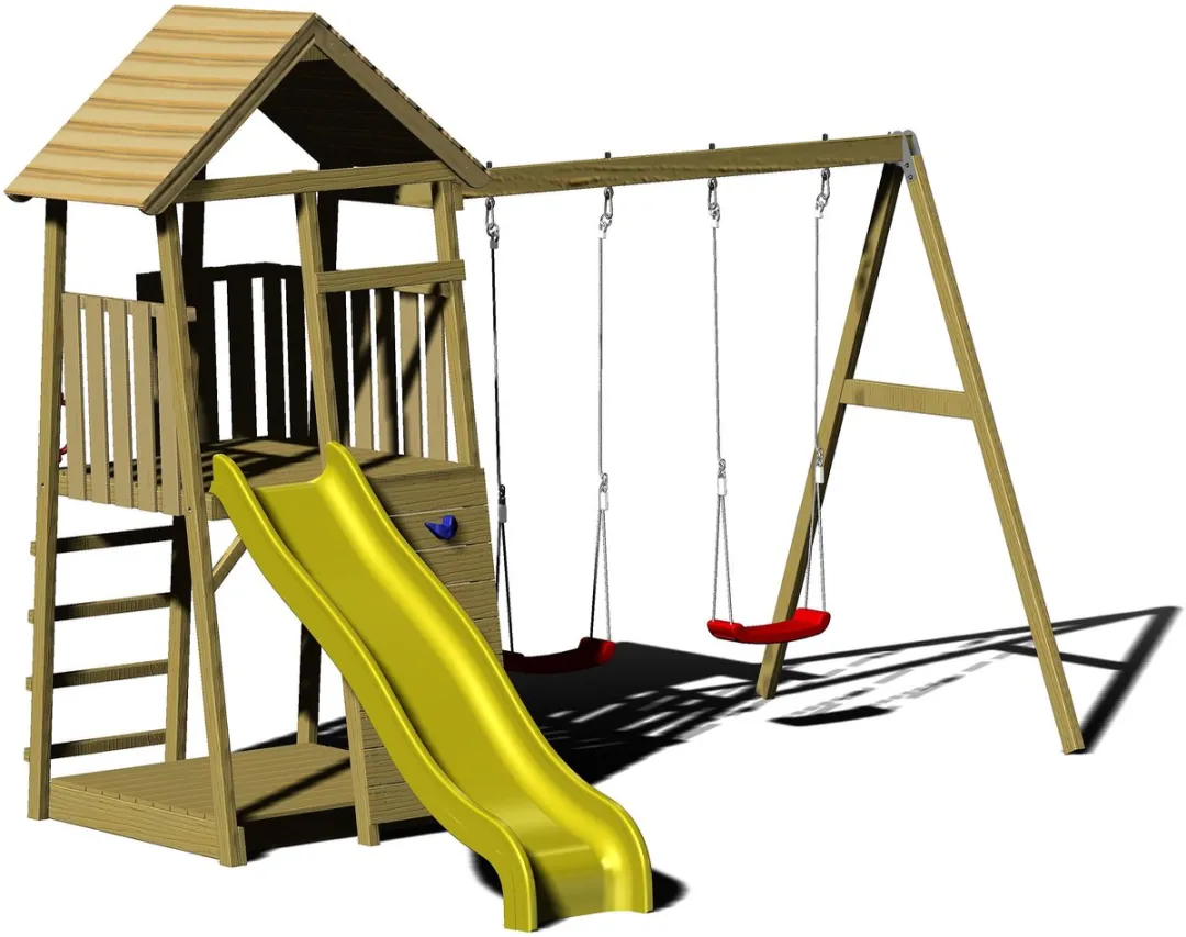 Wendi Toys Houten speeltoren Pinguïn - glijbaan, klimwand en 2 schommels