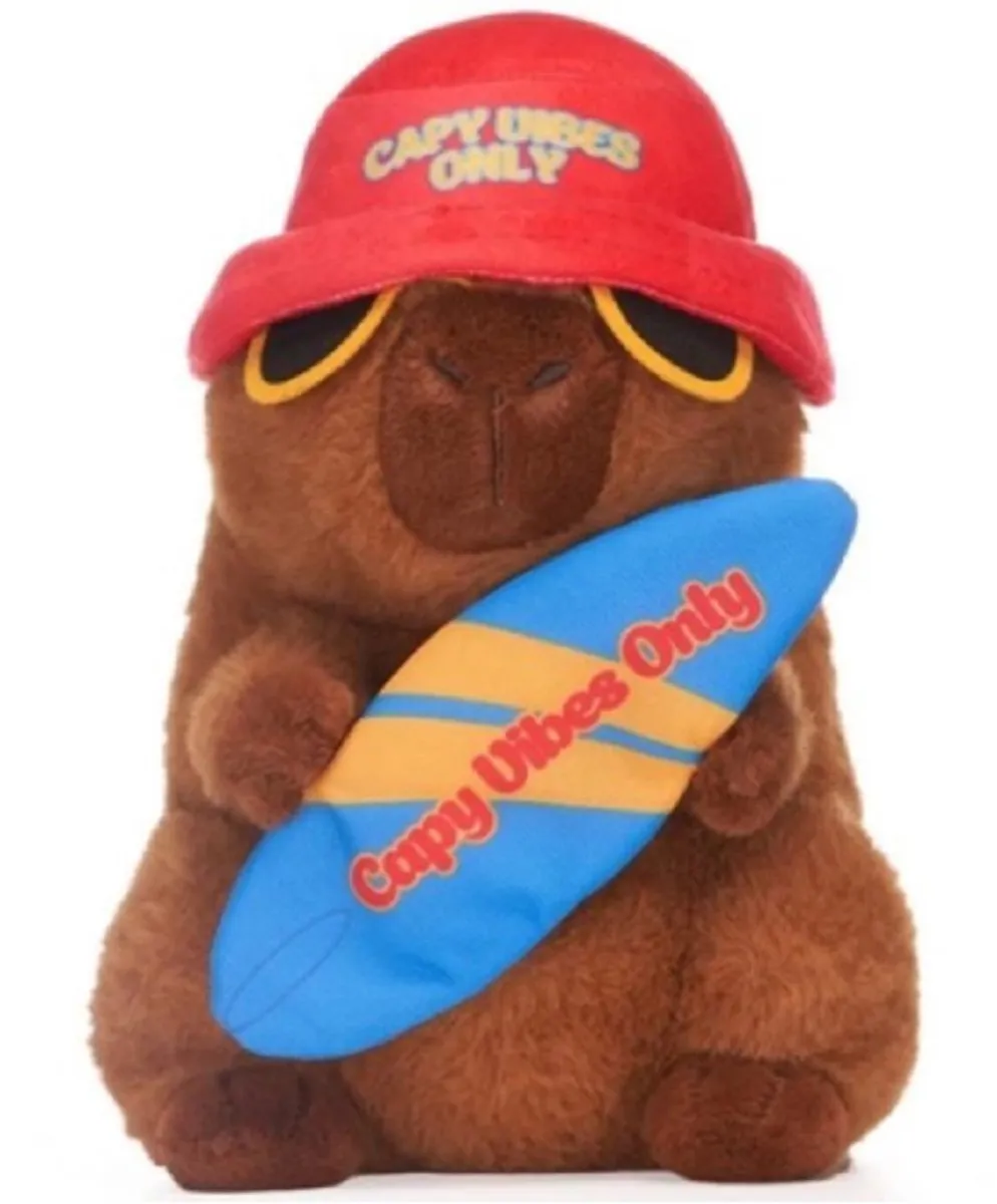 Topknuffels Capibara Pluche Knuffel 26cm - Rode Hoed & Surfplank