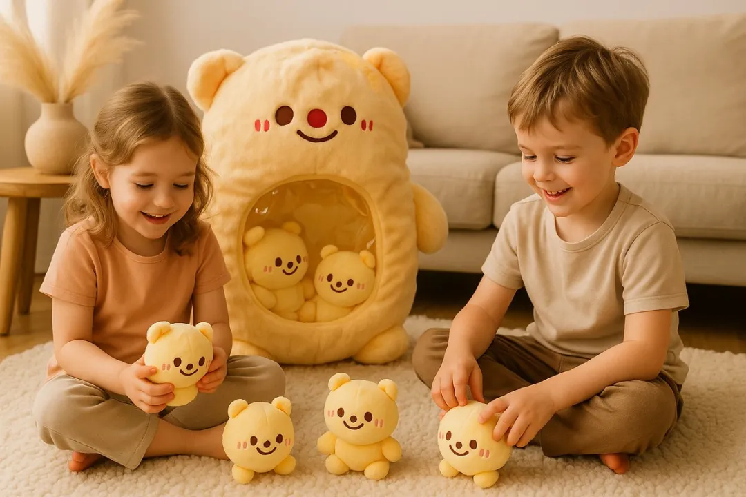 Magnitoys™ – Beer Knuffelkussen 40 cm – Kawaii Pluche – Met Mini Beertjes in Buik – Super Zacht, Squishy Cadeau