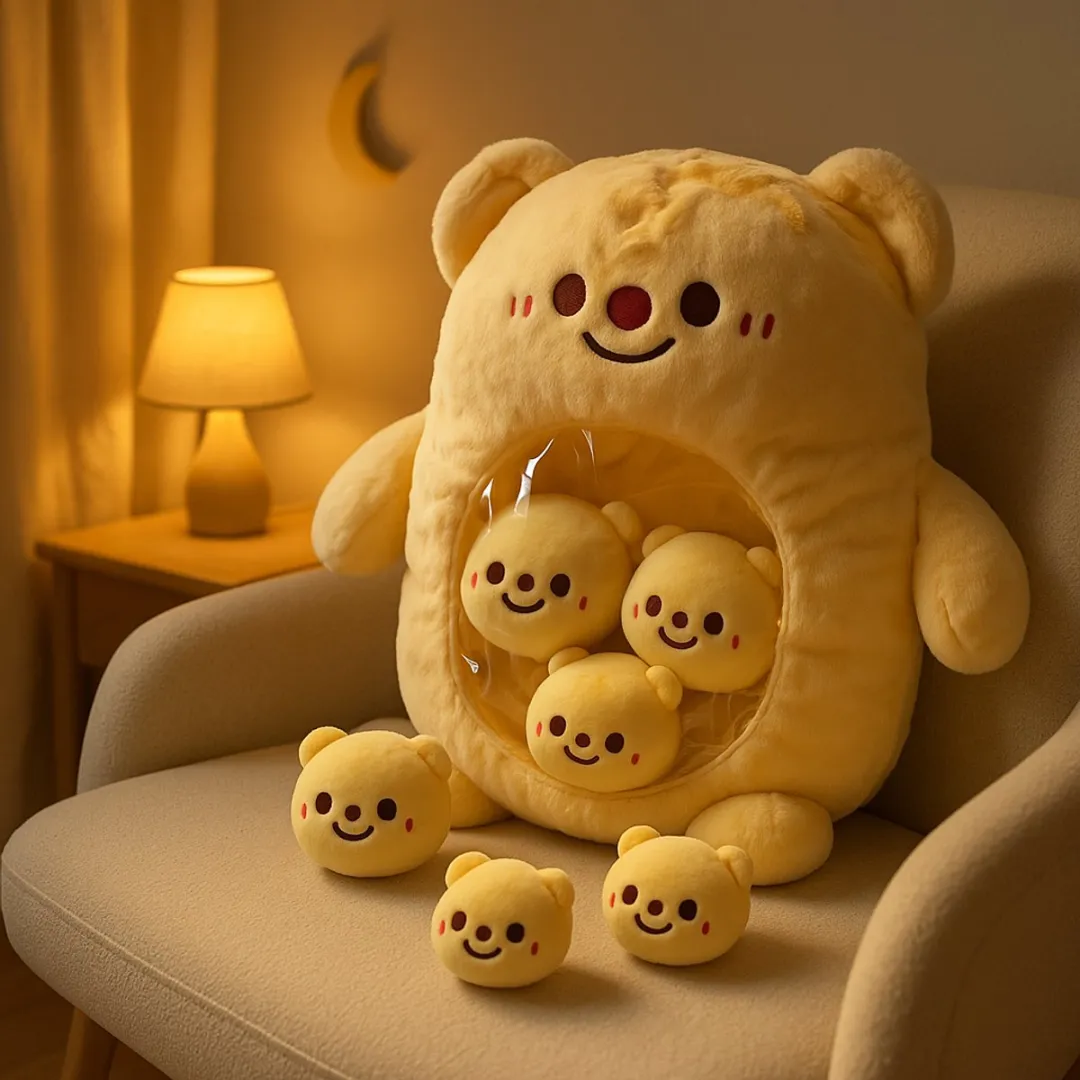 Magnitoys™ – Beer Knuffelkussen 40 cm – Kawaii Pluche – Met Mini Beertjes in Buik – Super Zacht, Squishy Cadeau