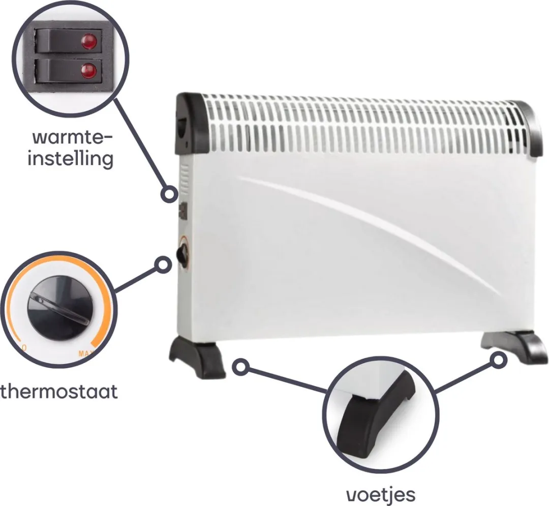 Perel Convectorkachel, elektrische verwarming, elektrische kachel, radiator met drie warmtestanden voor ruimtes tot 60 m³, voor binnen, thermostaat, 2000 W