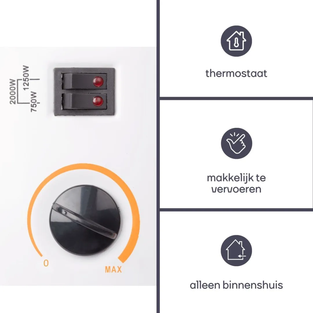 Perel Convectorkachel, elektrische verwarming, elektrische kachel, radiator met drie warmtestanden voor ruimtes tot 60 m³, voor binnen, thermostaat, 2000 W