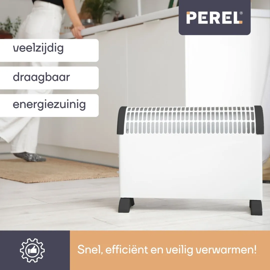 Perel Convectorkachel, elektrische verwarming, elektrische kachel, radiator met drie warmtestanden voor ruimtes tot 60 m³, voor binnen, thermostaat, 2000 W