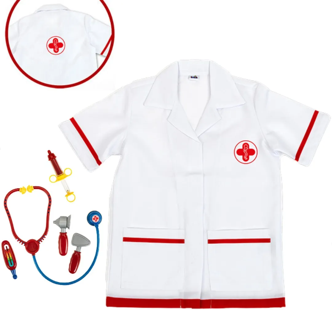 Klein toys - dokter set - met jasje en 6 accessoires - wit / rood - complete set