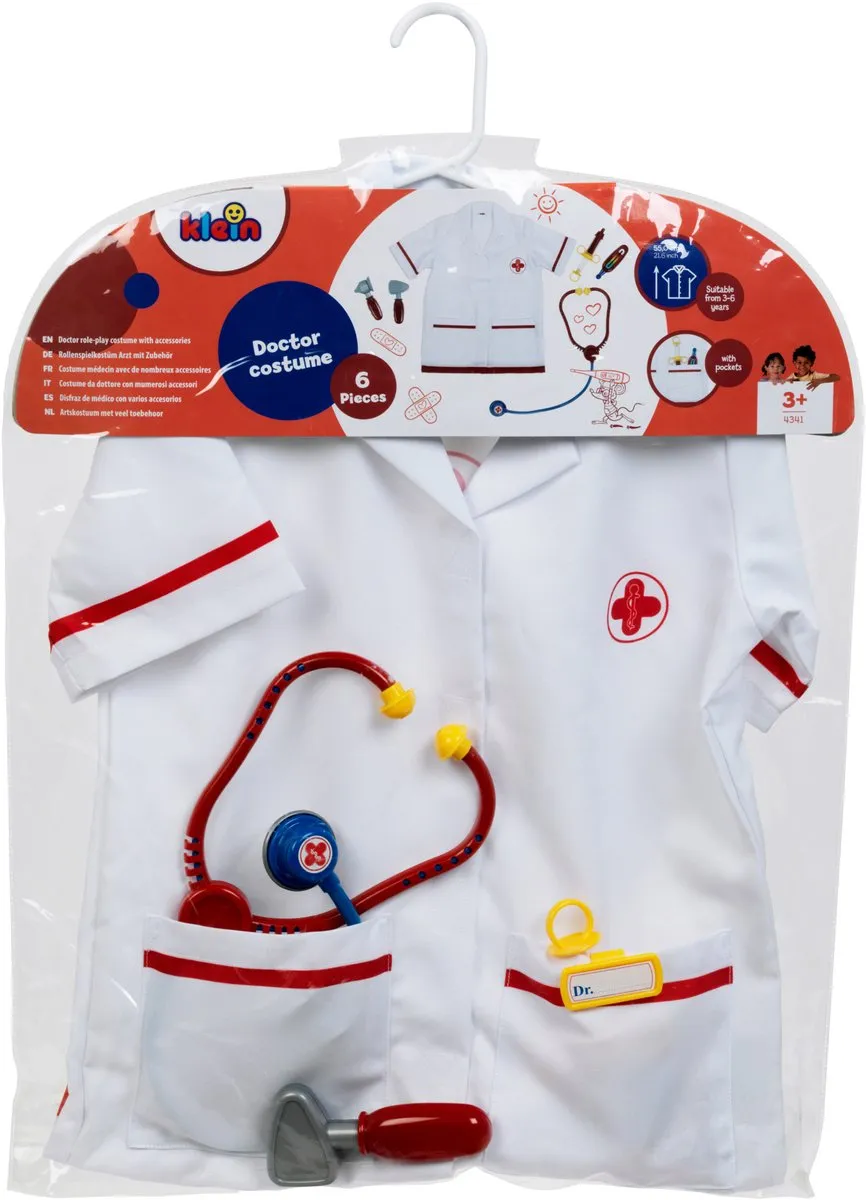 Klein toys - dokter set - met jasje en 6 accessoires - wit / rood - complete set