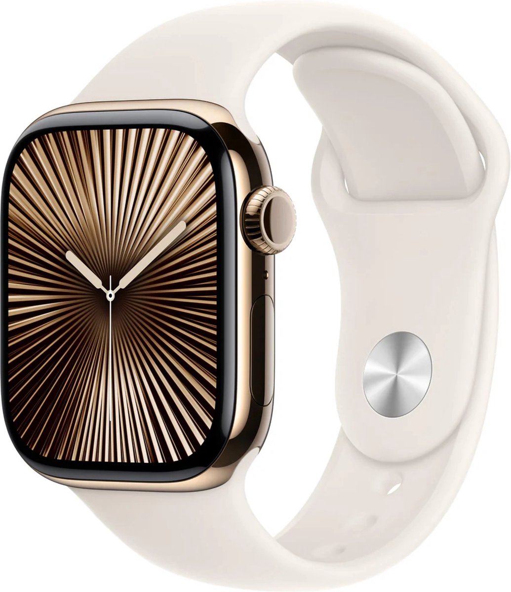 Apple Watch Series 10 - Wifi + 4G - 46mm - Gouden Titanium Case met Starlight Sportbandje - S/M